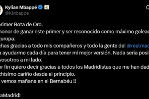 荣获欧洲金靴！姆巴佩社媒：感谢队友、皇马的每一个人和皇马球迷
